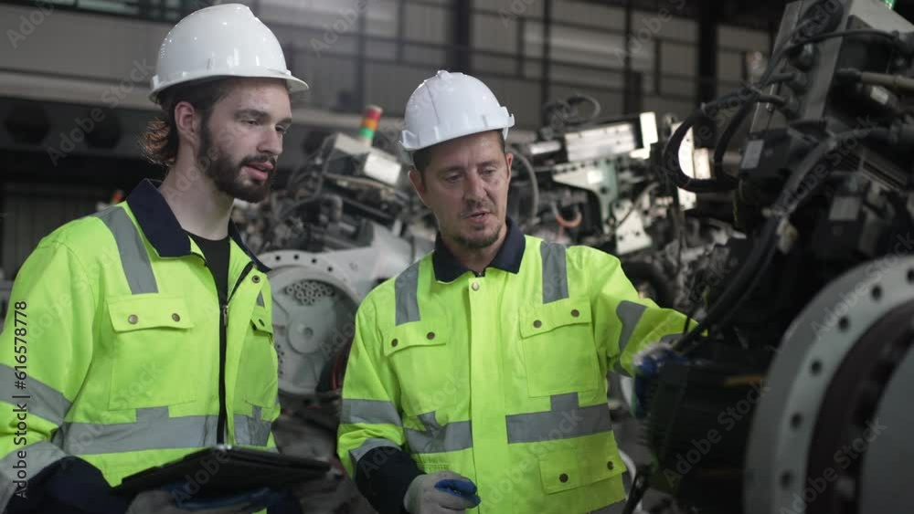 Engineer work at robotic arm factory.