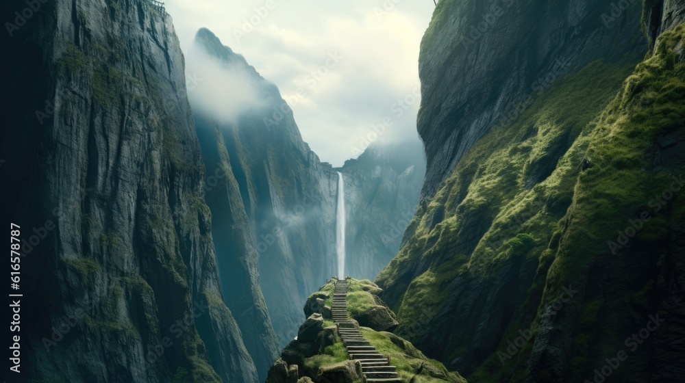 Perilous narrow mountain path with a sheer drop off background. Created