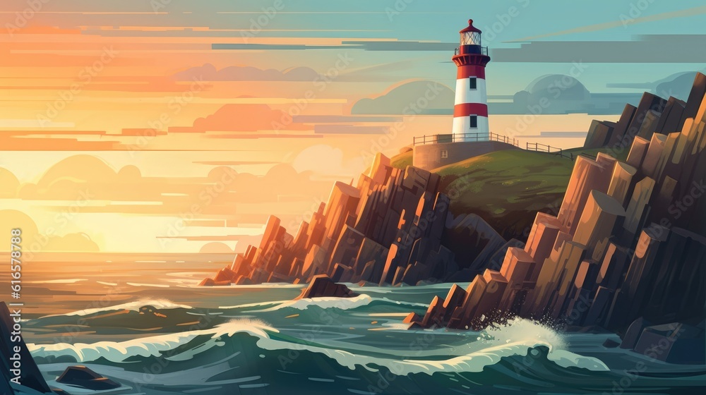 Picturesque lighthouse on a rocky coastline background. Created with Generative AI technology