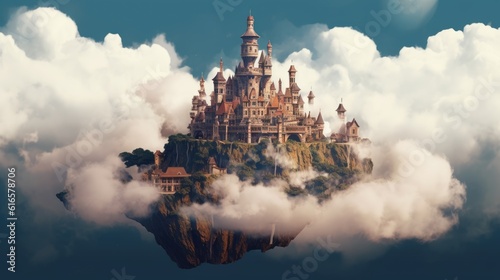 Magical floating castle surrounded by clouds background. Created with Generative AI technology