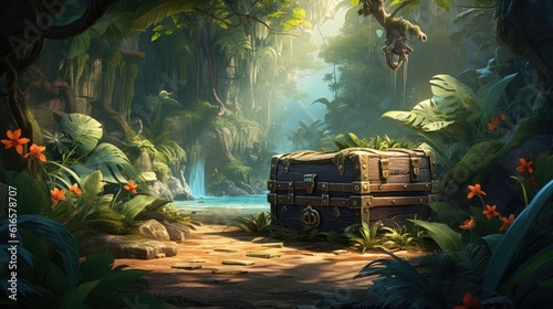 Lush tropical island with a hidden treasure chest background. Created with Generative AI technology