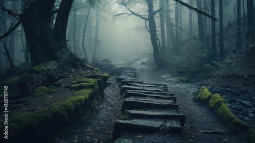Fototapeta Naklejka Na Ścianę i Meble -  Mysterious foggy forest path background. Created with Generative AI technology