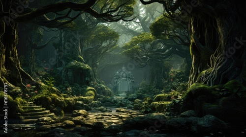 N ancient mystical forest with tall twisted trees background. Created with Generative AI technology