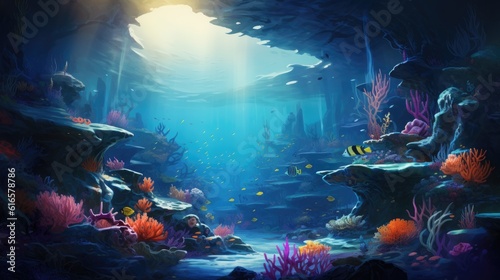 Peaceful colorful underwater scene with fish and coral background. Created with Generative AI technology
