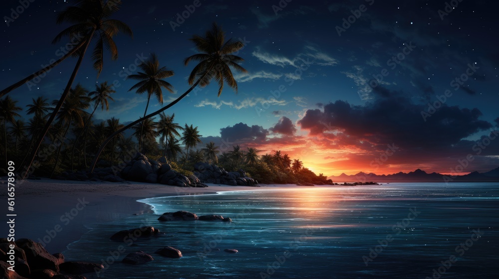 Tranquil moonlit beach with a lone palm tree background. Created with Generative AI technology