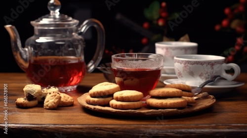 Tea set with cookies and jam. Created with Generative AI technology