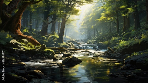 Tranquil sunlit forest with a peaceful flowing river background. Created with Generative AI technology