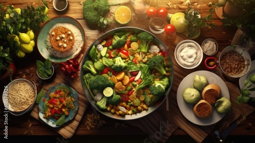 Vegetarian table with a variety of vegetable dishes  . Created with Generative AI technology © Gefo