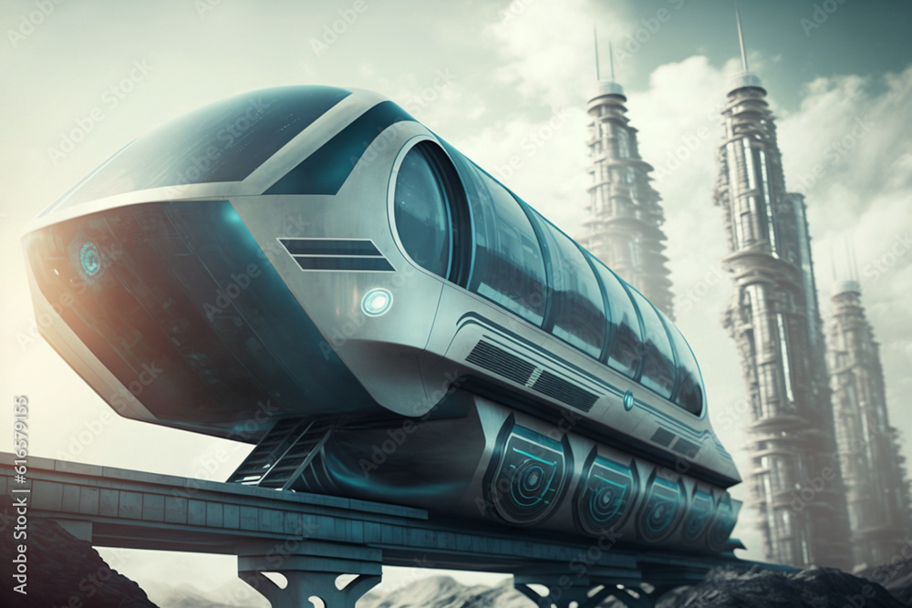 the futuristic monorail train zooms along its elevated track, a symbol of progress and innovation in the bustling city. Generative AI. the futuristic monorail train zooms along its elevated track, a symbol of progress and innovation in the bustling city. Generative AI.