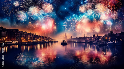 Colorful fireworks background for New Year and Christmas