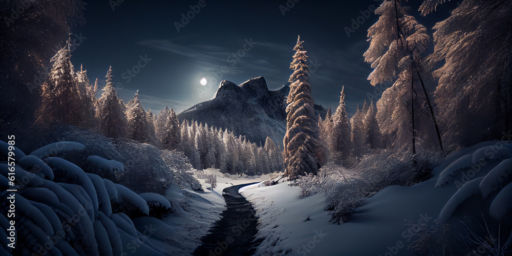 Path in the winter snowy beautiful forest and at evening illumination. Generative AI