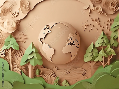A flat three-dimensional model of the planet Earth made of paper in a vegetative natural frame. Generative AI