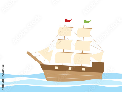 海の上に浮かぶ帆船のイラスト