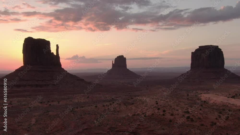 Monument Valley Sunrise Mitten Buttes Aerial Shot L Navajo Nation Southwest Desert Arizona Utah USA Monument Valley Sunrise Mitten Buttes Aerial Shot L Navajo Nation Southwest Desert Arizona Utah USA