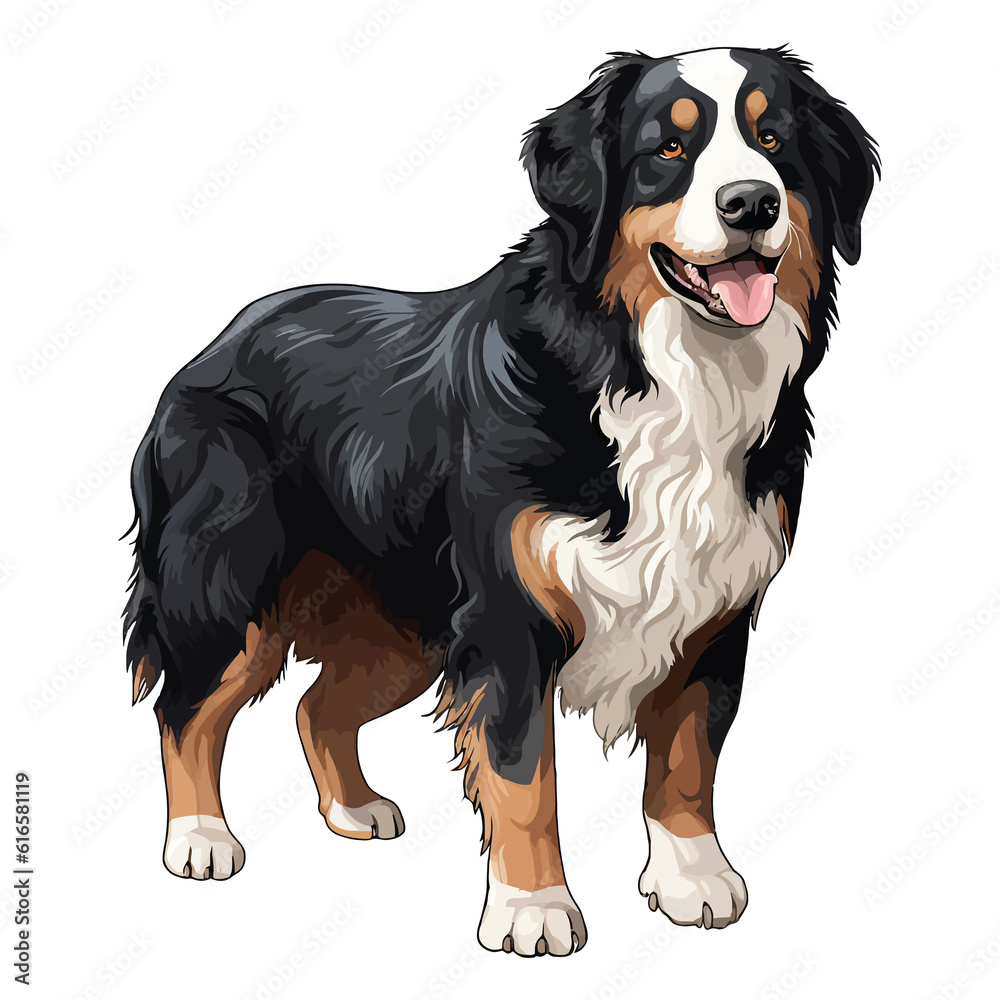 Energetic and Affectionate: Delightful 2D Illustration of a Cute Bernese Mountain Dog