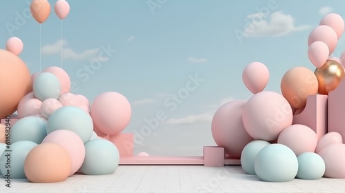 fairytale background with balloons in pastel colors arranged proportionally, empty space in the middle. generative AI photo