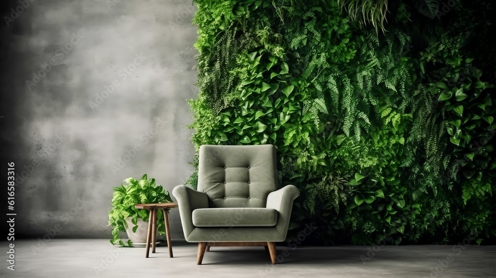 Botanical Oasis: Green Plant Wall with Leather Armchair