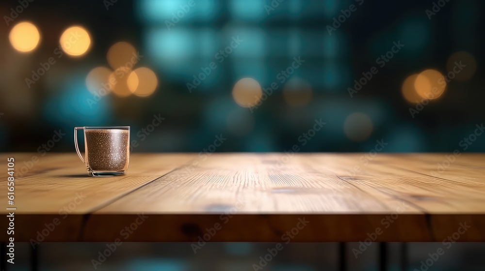 Cup on Wooden Table top with beautiful bokeh of lights at night, dinner table top at the restaurant with faded background Cup on Wooden Table top with beautiful bokeh of lights at night, dinner table top at the restaurant with faded background