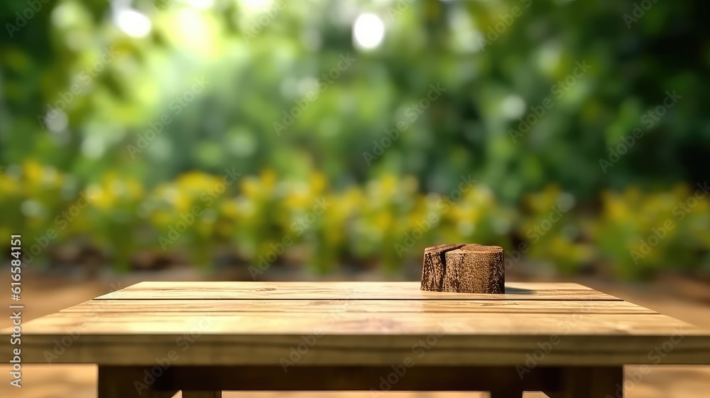 Outdoor Wooden table beautiful faded green nature background with Spring summer and green trees, empty wooden table in nature outdoor Outdoor Wooden table beautiful faded green nature background with Spring summer and green trees, empty wooden table in nature outdoor