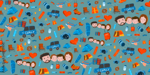 Summer Travel Family colorful doodle character Seamless Pattern