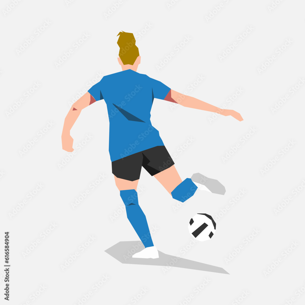 female football player athlete kick the ball. back view. theme of sport, soccer, women. vector flat illustration.