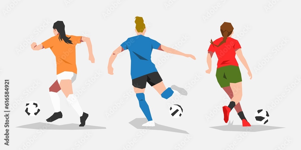 set of several female football soccer player athlete dribbling the ball. back view. theme of sport, football, women. vector flat illustration
