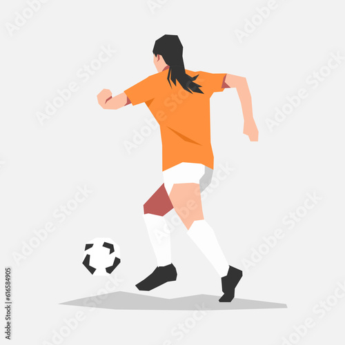 female football soccer player athlete dribbling the ball. back view. theme of sport, football, women. vector flat illustration.