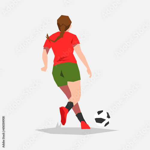 female soccer player athlete dribbling the ball. back view. the theme of sports, football, women. vector flat illustration.