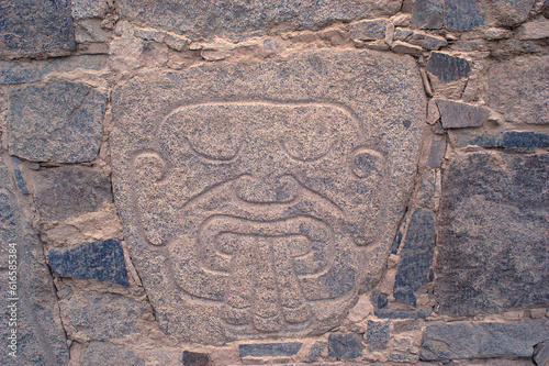 Relief representing warriors, perpetrators of the sacrifices at archaeological complex Sechin near Casma (central coast of Peru