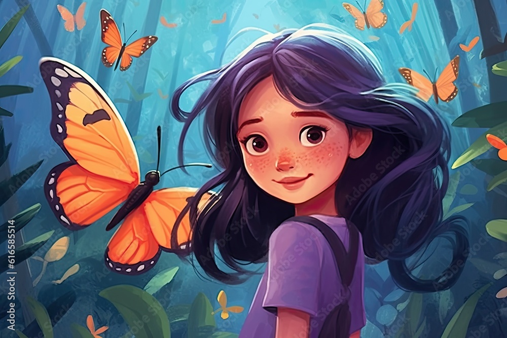 A Girl with a Vibrant Butterfly, Children's Book Illustration Art Concept. Generative AI