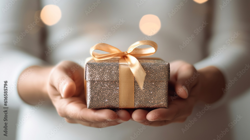Christmas gift in man hands holiday wallpaper poster concept picture with white wall background and garland illumination lamps. Generative Ai Christmas gift in man hands holiday wallpaper poster concept picture with white wall background and garland illumination lamps. Generative Ai