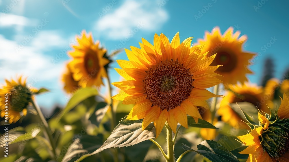 Obraz premium Nice Sunflower Garden and deep blue sky at the background, beautiful summer spring morning sunny day garden blue sky Sunlit field with sunflower , presentation background