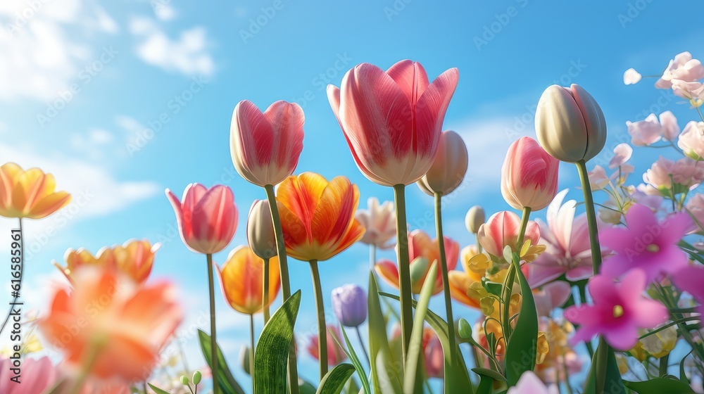 Fototapeta premium beautiful tulip flower at summer spring morning evening sunny day garden blue sky Sunlit field of flowers on a summer meadow in nature, panoramic landscape background