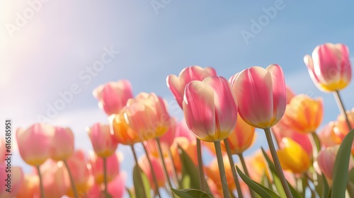Tulip garden summer spring morning evening sunny day garden blue sky Sunlit field flowers on a summer meadow in nature  panoramic landscape background
