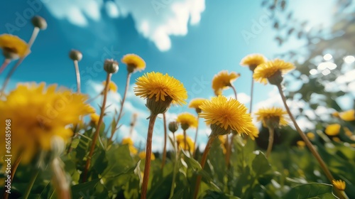 Garden of yellow dandelion spring morning evening sunny day garden blue sky Sunlit field of daisies with fluttering butterflies flowers on a summer meadow in nature  panoramic landscape background