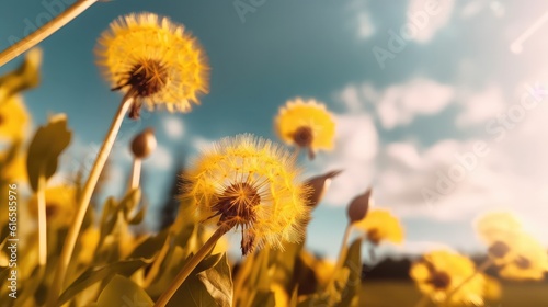 dandelion flowers at the sunny day in the garden blue sky Sunlit field of daisies with fluttering butterflies flowers on a summer meadow in nature  panoramic landscape background