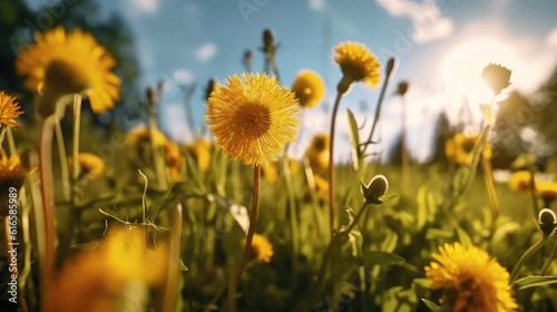 yellow dandelion flowers with blue sky background sunny day garden blue sky Sunlit field of daisies with fluttering butterflies flowers on a summer meadow in nature  panoramic landscape background
