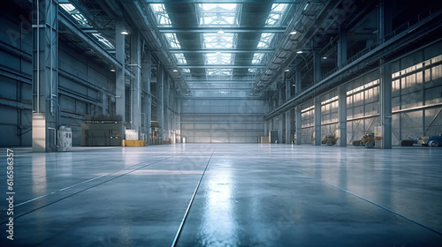 The interior of a big industrial building or factory with steel constructions. Generative Ai