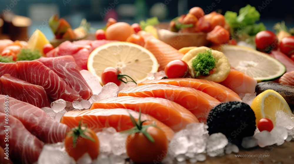 Frozen fish and meat, in Japanese style, with a clean and comfortable overall atmosphere, with sunlight shining on vegetables and fruits. Generative Ai