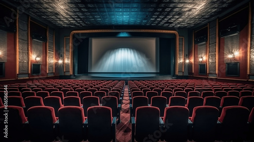 Movie Theater with empty seats and projector. Generative Ai