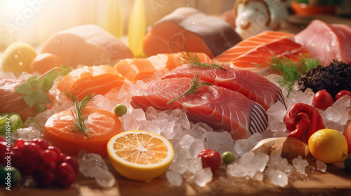 Frozen fish and meat, in Japanese style, with a clean and comfortable overall atmosphere, with sunlight shining on vegetables and fruits. Generative Ai