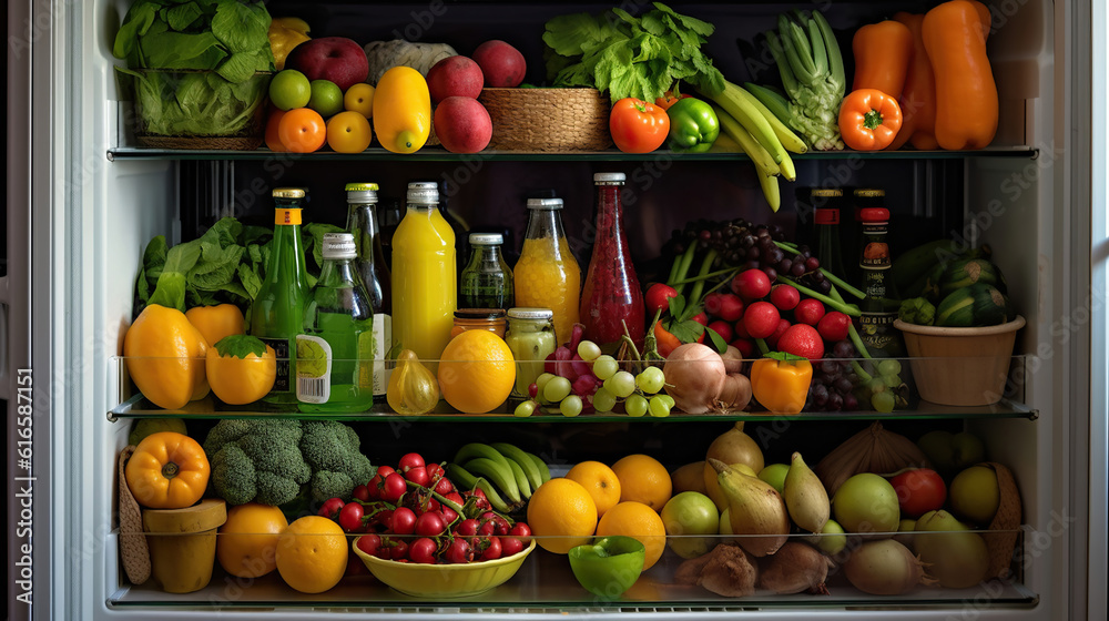 An Open Refrigerator Filled With Fresh Fruits And Vegetables. Generative Ai