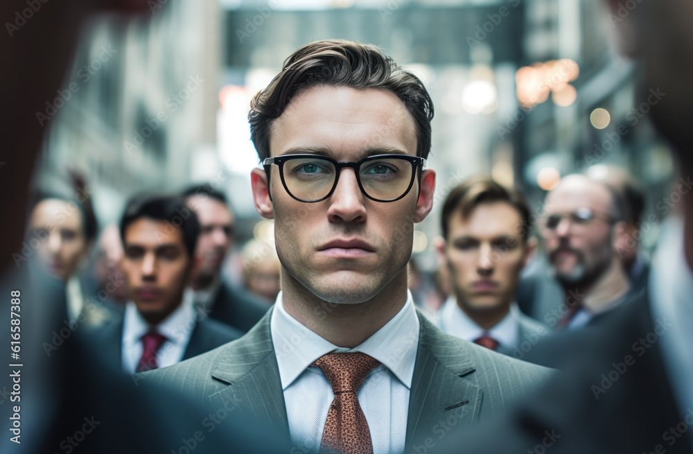 Confident businessman standing in business district, symbolizing success and leadership in the corporate world. Confident businessman standing in business district, symbolizing success and leadership in the corporate world.