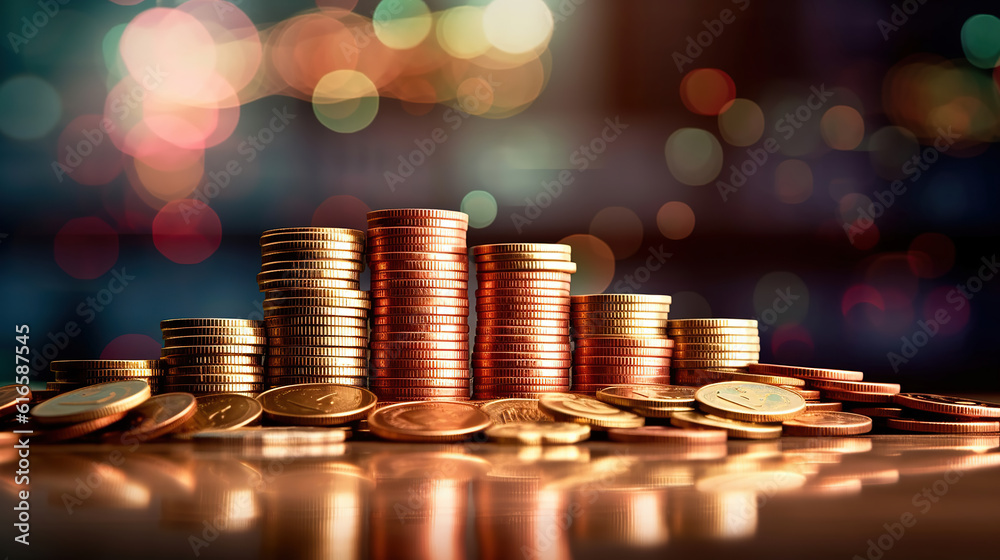 Double exposure of graph and rows of coins for finance and business concept. Generative Ai Double exposure of graph and rows of coins for finance and business concept. Generative Ai