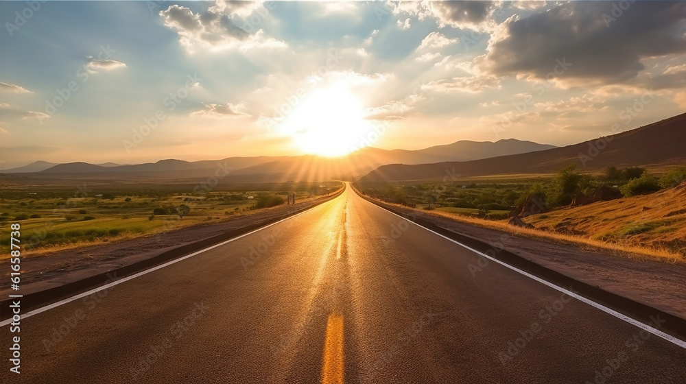 Empty long mountain road to the horizon on a sunny summer day at bright sunset. Generative Ai