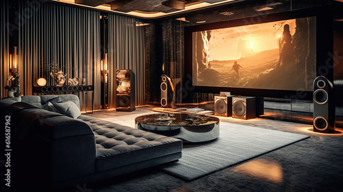 Stunning stylish home cinema. Luxury home theater design. Generative Ai © Malika