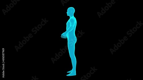 Blue avatar rotates on a black background. Basic shape. Seamless loop.