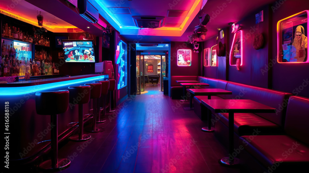 Colorful interior of bright and beautiful karaoke club. Generative Ai