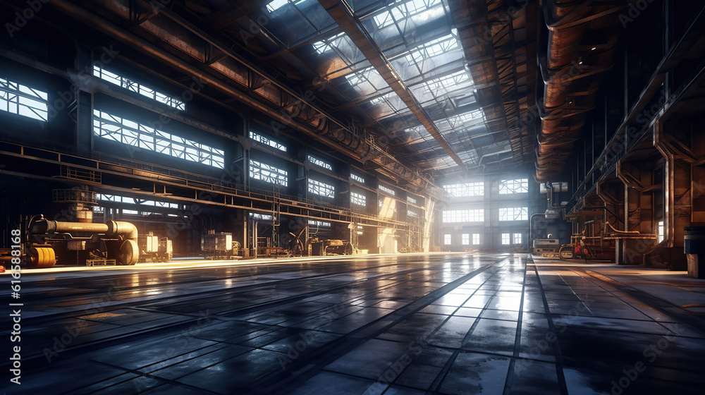 The interior of a big industrial building or factory with steel constructions. Generative Ai