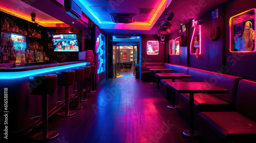Colorful interior of bright and beautiful karaoke club. Generative Ai © Malika